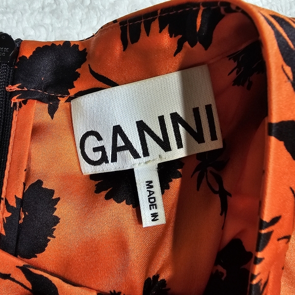 GANNI silk orange and black stretch floral print ruched size M - Picture 6 of 13